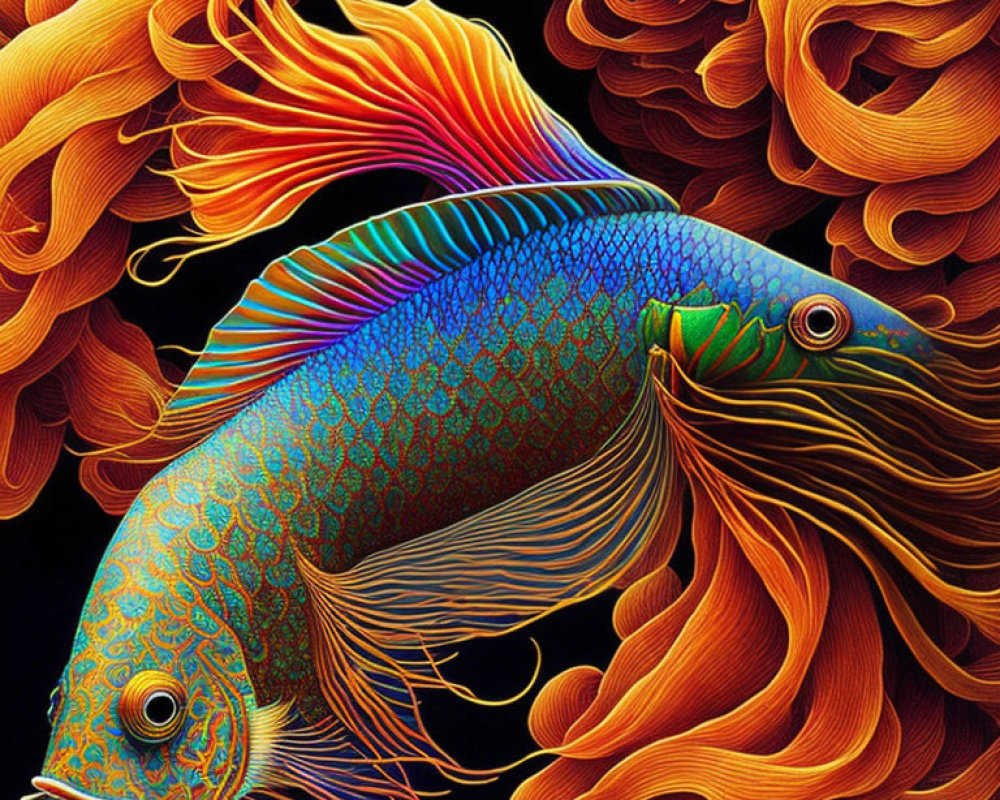 Colorful Fish Digital Art with Flowing Fins & Intricate Patterns