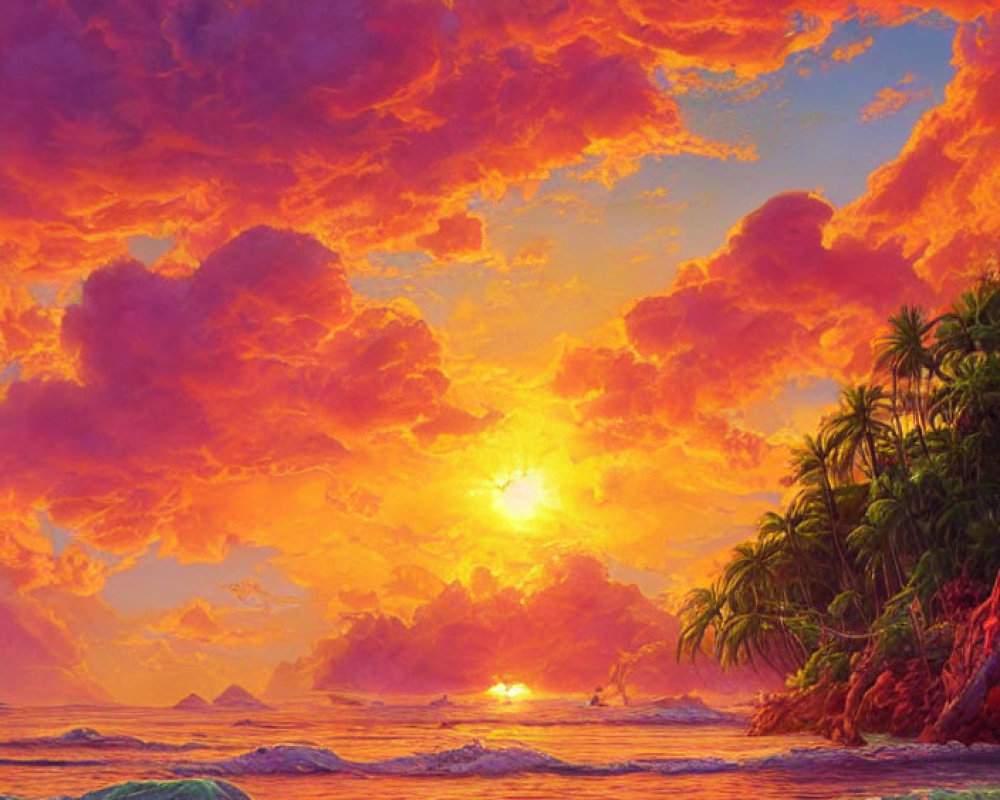 Vivid Tropical Sunset Over Serene Beach