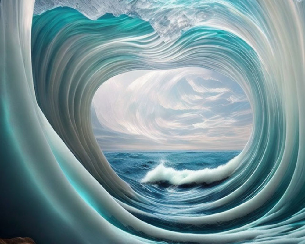 Surreal heart-shaped wave with aqua and blue hues in tranquil ocean scene