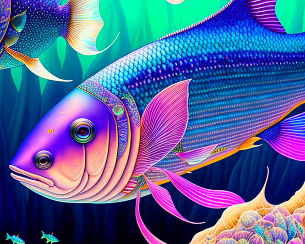 Vibrant digital artwork of large fish and coral structures