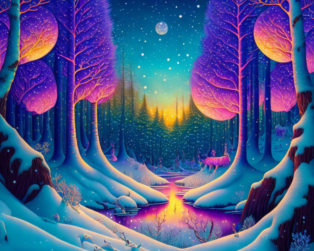 Colorful Winter Forest Scene: Vibrant Trees, Starry Sky, Deer by Stream