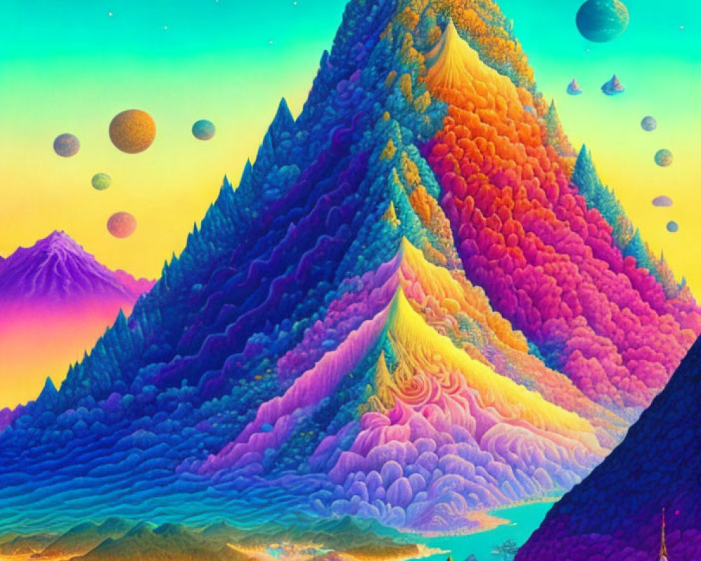 Colorful Psychedelic Mountains with Planets in Surreal Alien Landscape