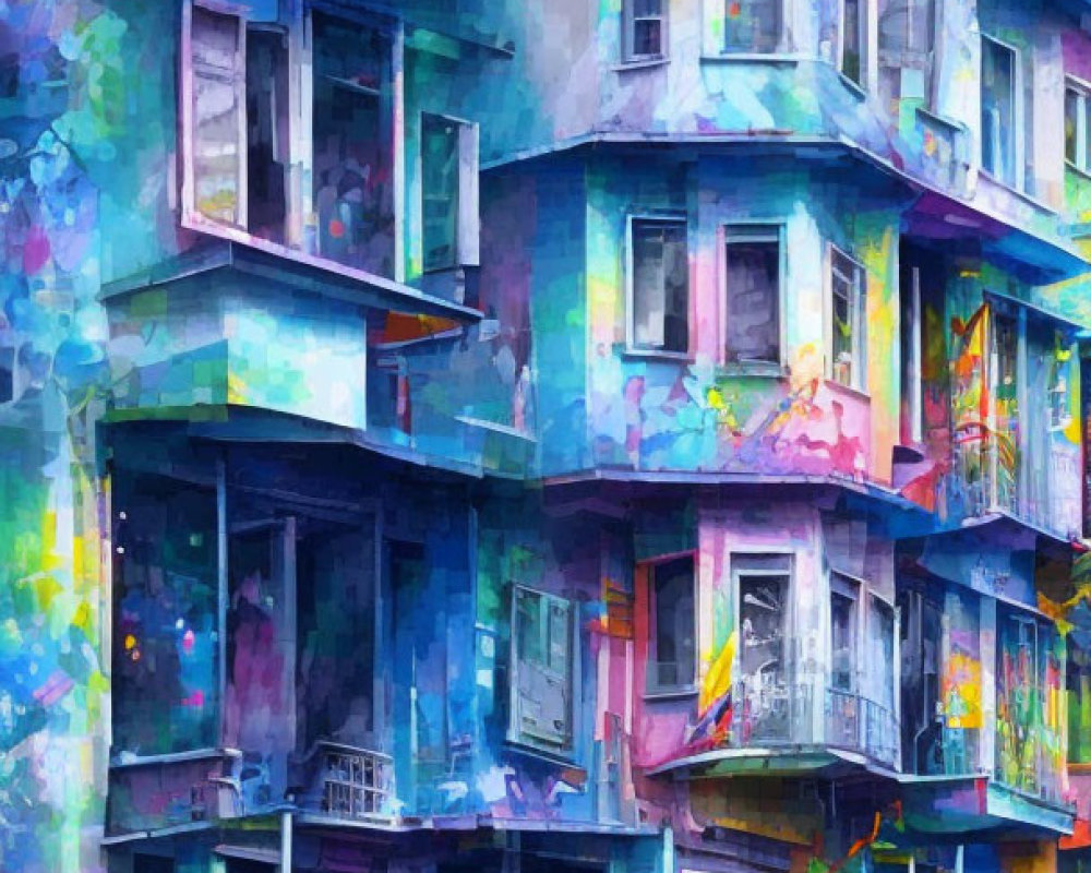 Colorful urban building with abstract graffiti art fusion