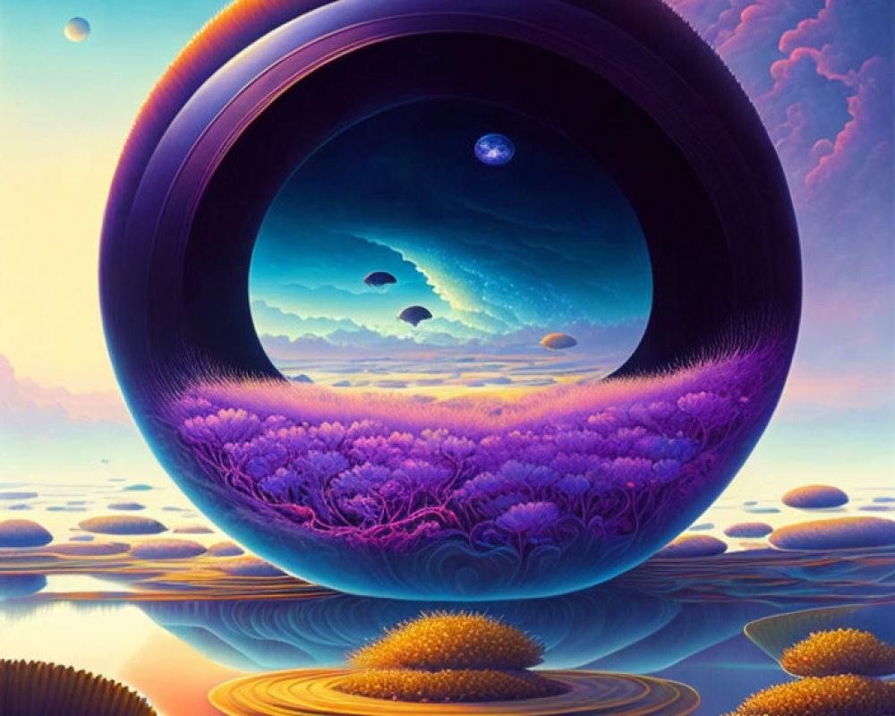 Surreal landscape with circular portal, purple valley, water, planets, and moons