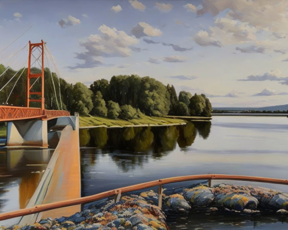 Tranquil painting of red suspension bridge over calm river