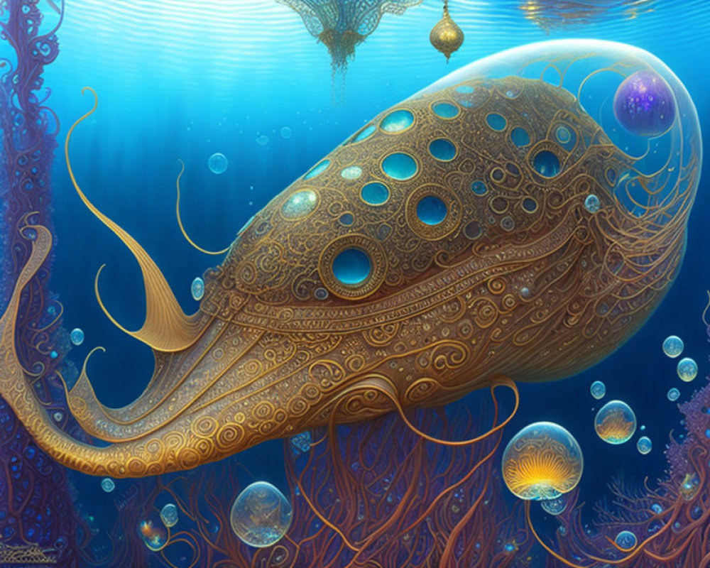 Ornate submarine resembling giant squid in whimsical undersea world