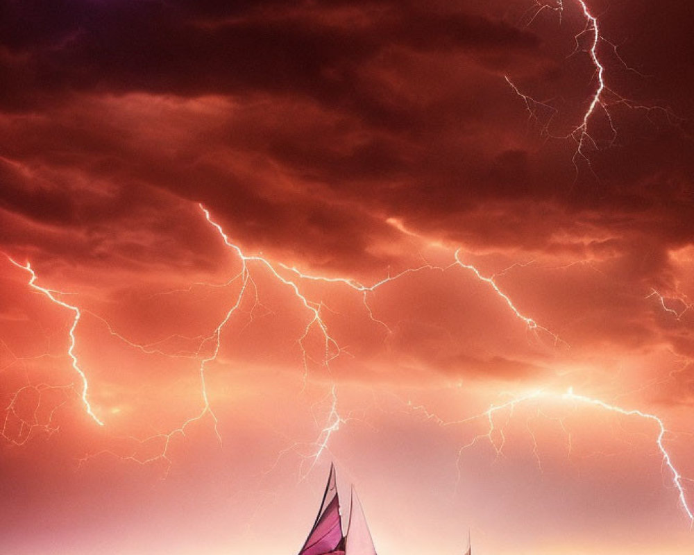 Sailboats on tranquil sea under vibrant purple sky