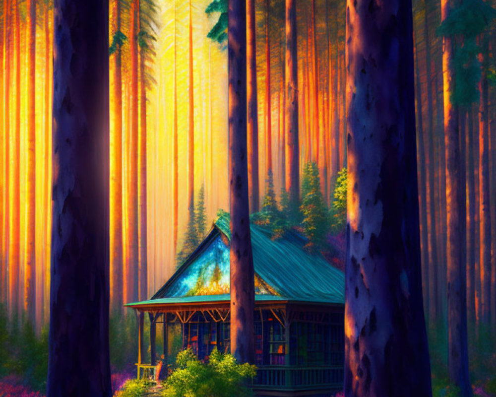 Cozy cabin surrounded by tall trees and sunlight on purple wildflowers