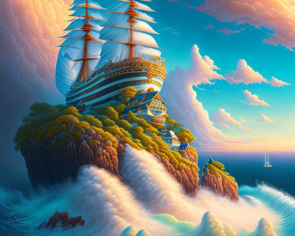 Fantasy image of ship sailing on floating island in sky