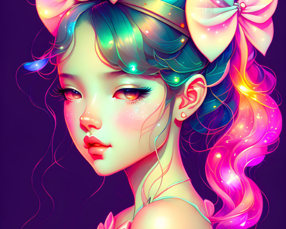 Colorful digital artwork: Girl with glowing bow, pastel hues