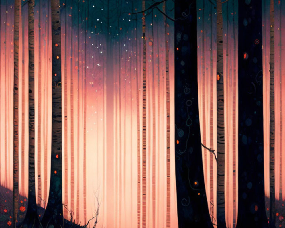 Enchanting forest scene with slender trees and glowing pink-orange sky