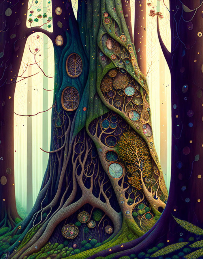 Detailed whimsical forest illustration with stylized trees and circular windows.