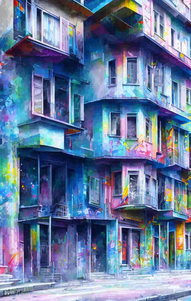 Colorful urban building with abstract graffiti art fusion