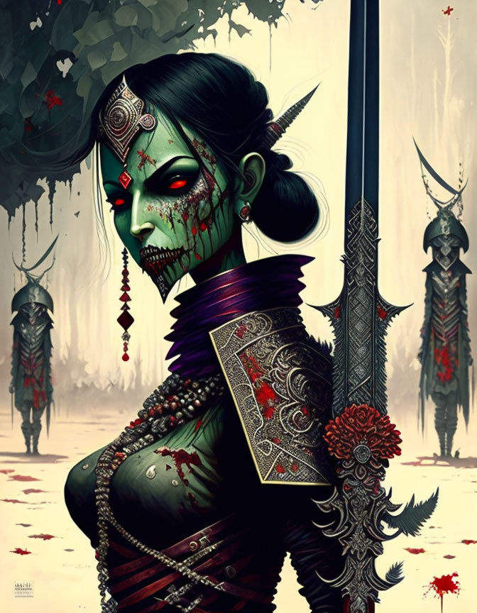 Stylized undead warrior woman with green skin and spear in ominous setting