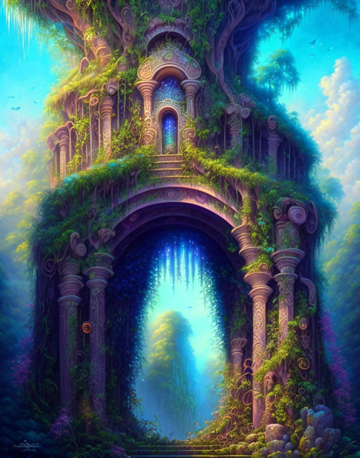 Mystical treehouse digital painting with lush greenery and waterfall doorway