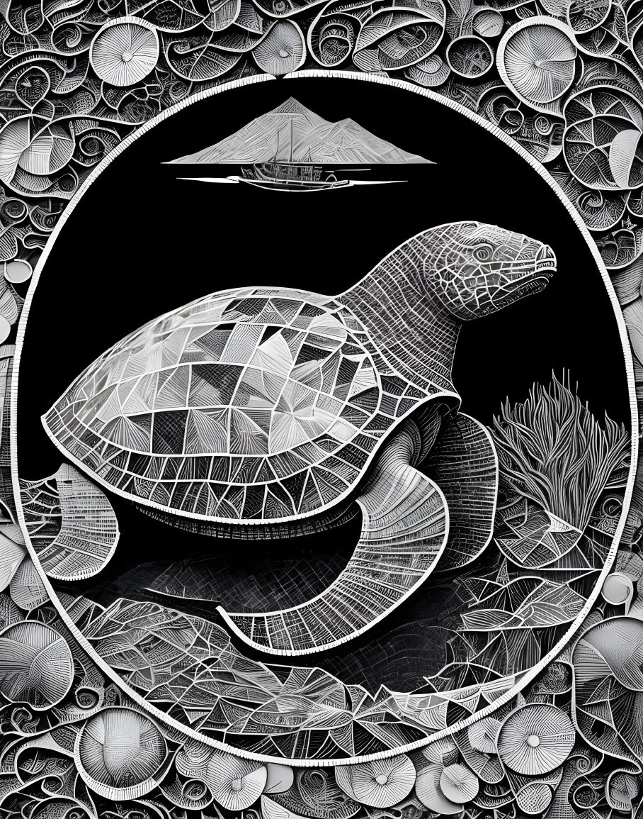 Detailed Monochrome Sea Turtle Illustration Among Coral Reefs