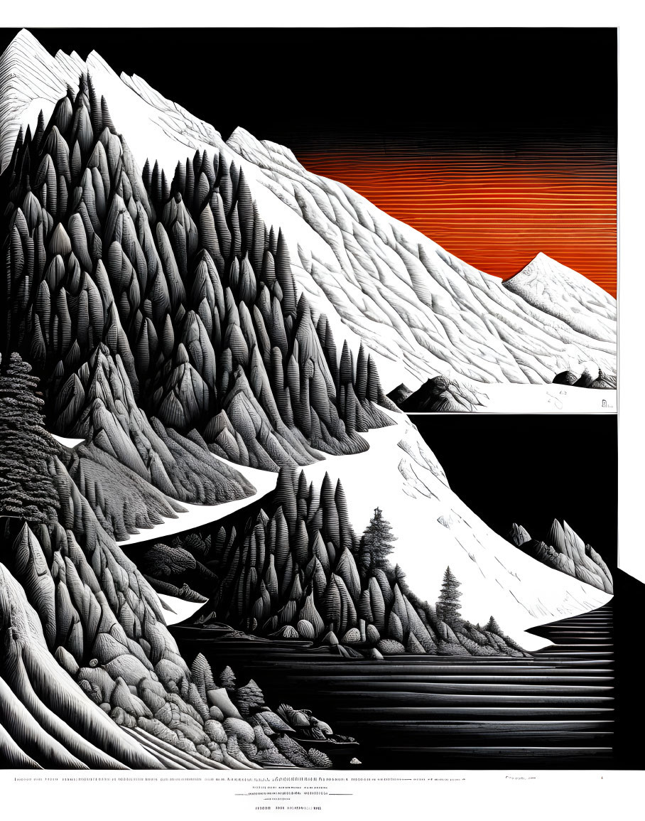 Monochrome mountain landscape with river and red sky