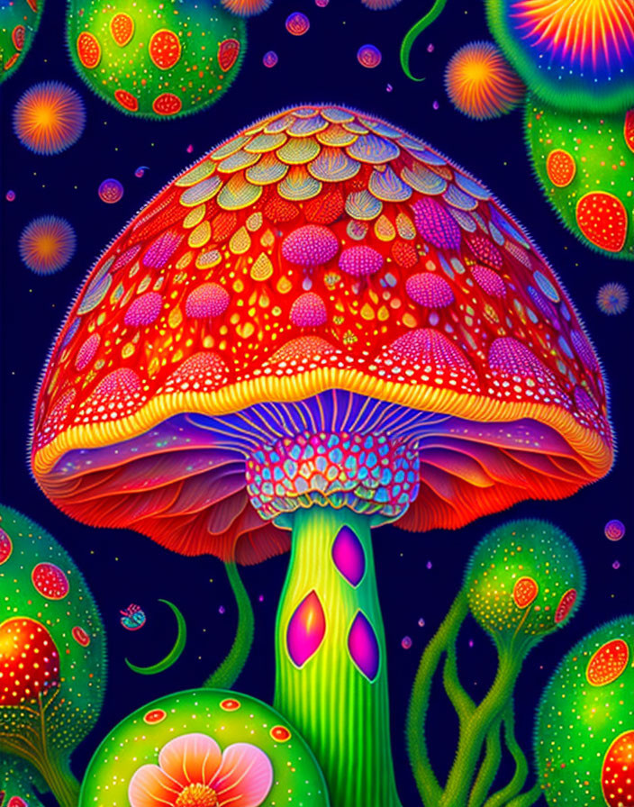 Colorful Mushroom Illustration with Psychedelic Patterns & Glowing Flora