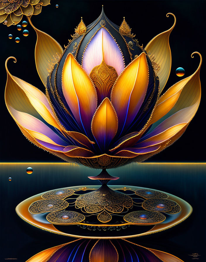 Colorful digital artwork: stylized lotus flower with gold details on dark background