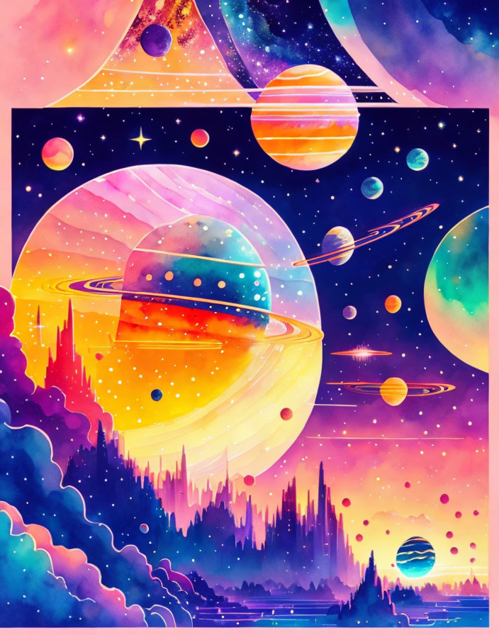 Colorful Illustration of Planets and Celestial Bodies in Dreamlike Space