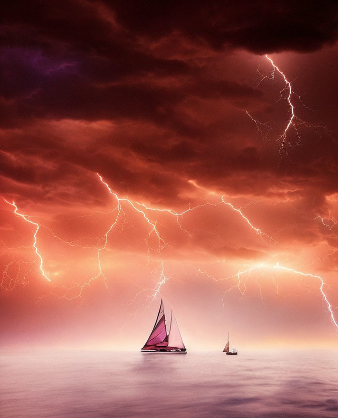 Sailboats on tranquil sea under vibrant purple sky