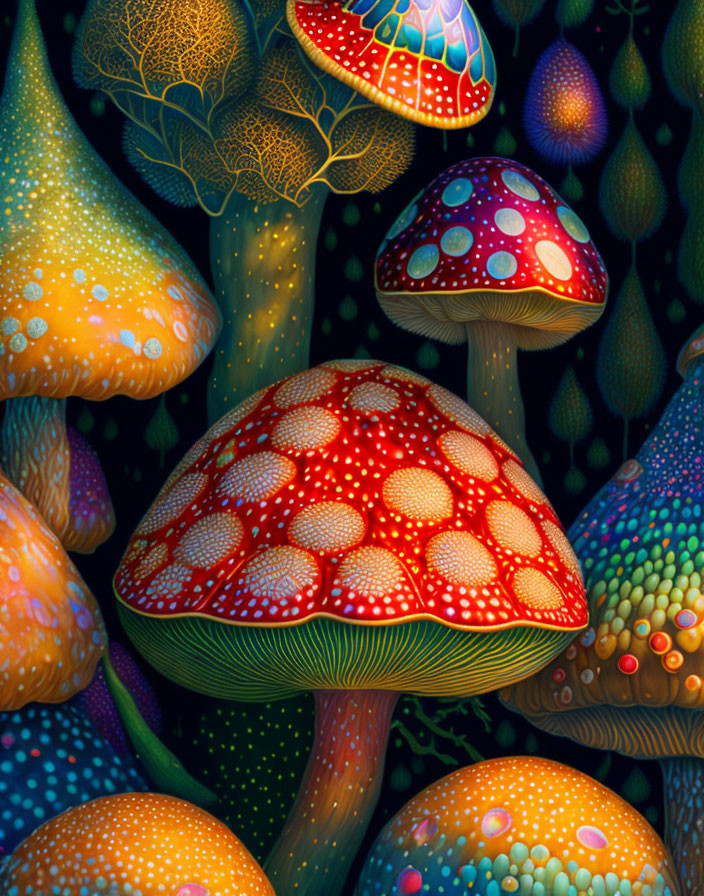 Vibrant glowing mushroom illustration on dark, dotted background