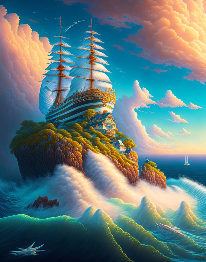 Fantasy image of ship sailing on floating island in sky