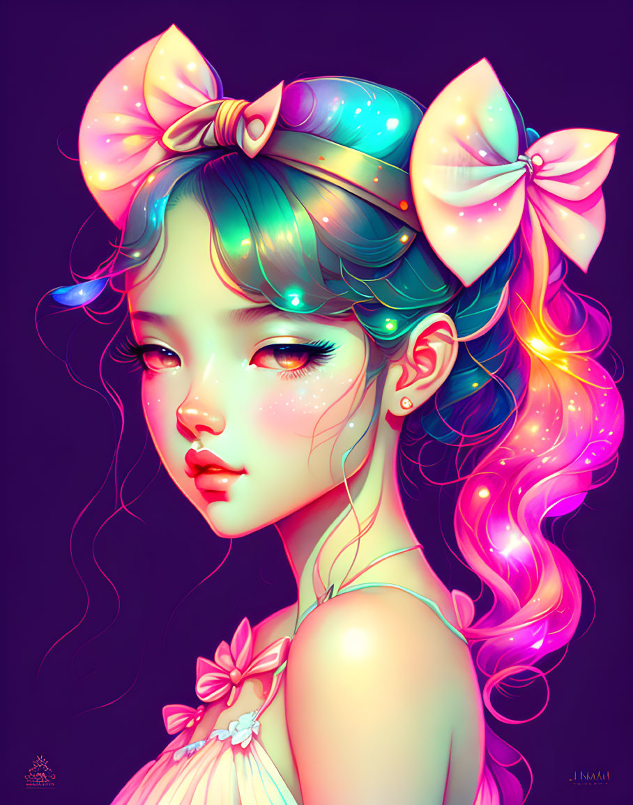 Colorful digital artwork: Girl with glowing bow, pastel hues