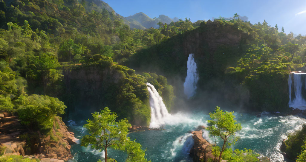 Scenic landscape with cascading waterfall and lush greenery