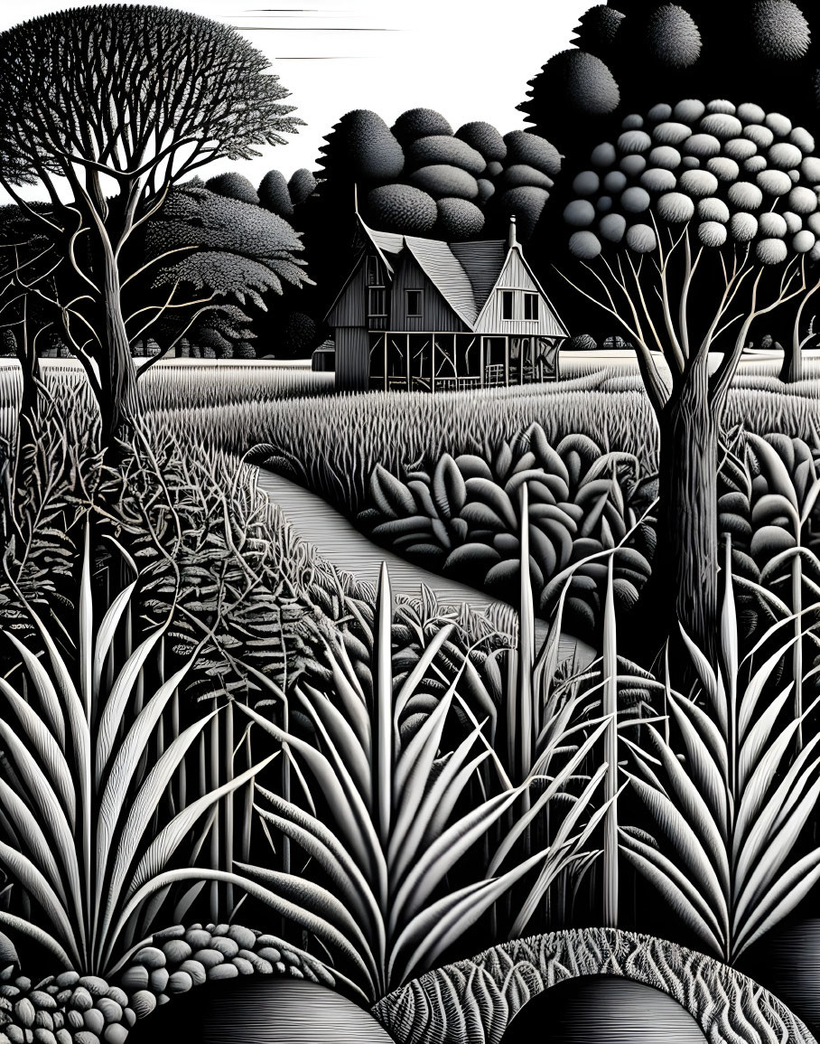 Detailed Monochromatic Rural Landscape Illustration