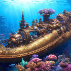 Ornate submarine resembling giant squid in whimsical undersea world