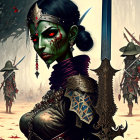 Stylized undead warrior woman with green skin and spear in ominous setting