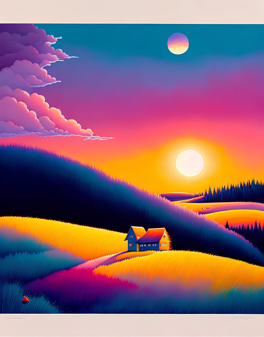 Colorful sunset over countryside cabin with sun and moon in sky.