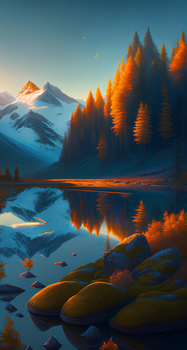 Alpine lake with golden trees, snow-capped mountains, and crescent moon at sunset