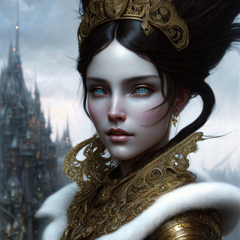 Regal woman with blue eyes in gold crown and armor against gothic castle