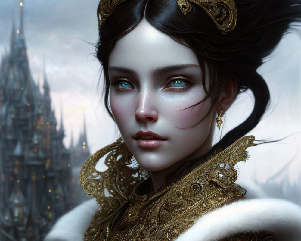 Regal woman with blue eyes in gold crown and armor against gothic castle