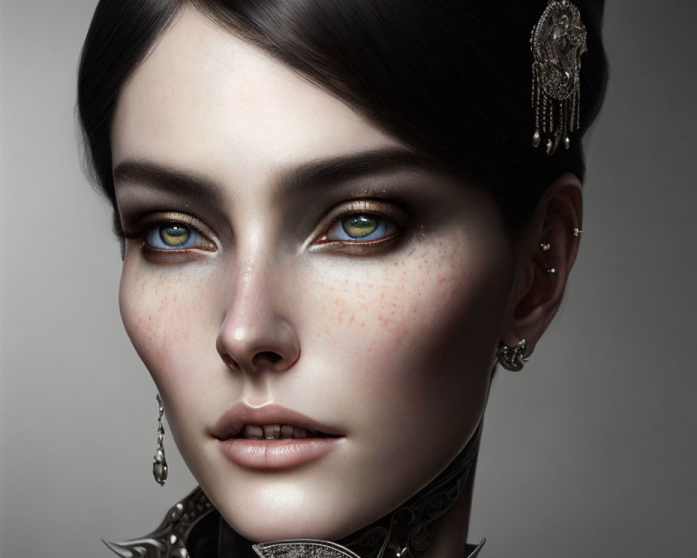 Portrait of female with green eyes, fair skin, dark hair, and silver jewelry