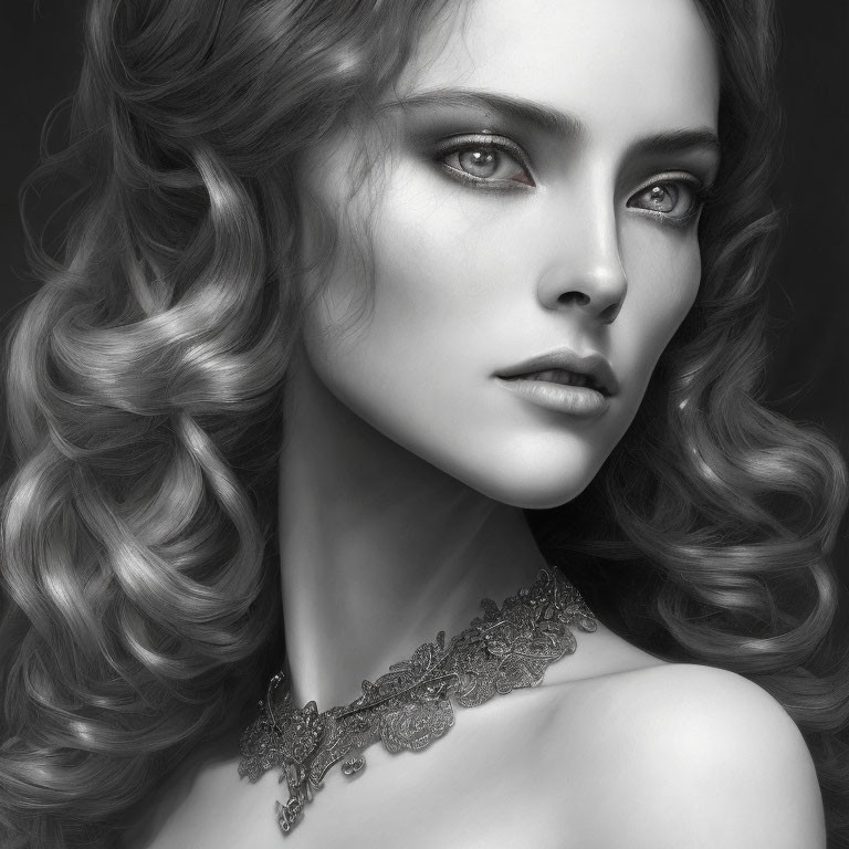 Monochromatic portrait of woman with wavy hair and lace necklace