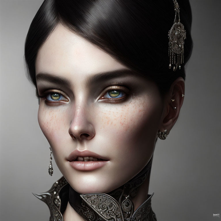 Portrait of female with green eyes, fair skin, dark hair, and silver jewelry