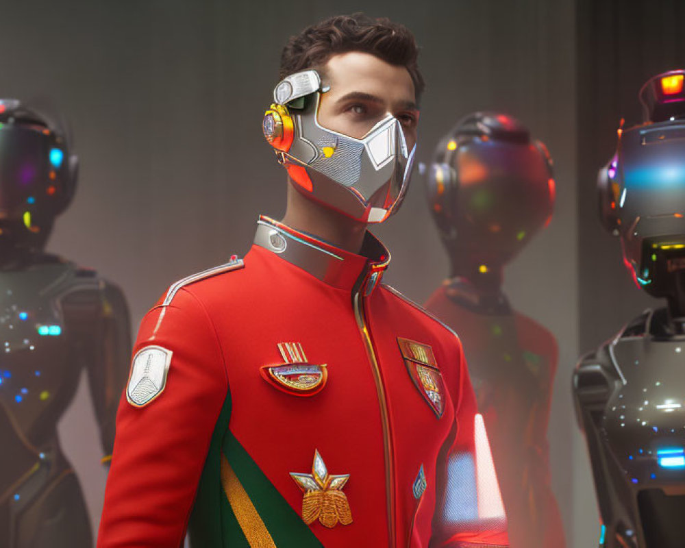 Futuristic man in red uniform with robots in soft light