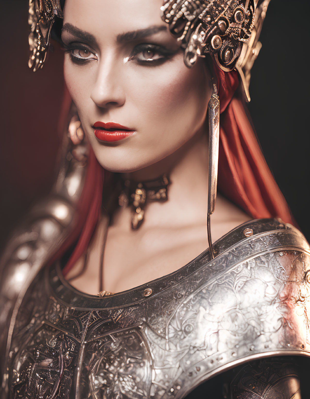 Elaborate golden headgear and armor on woman with red lipstick