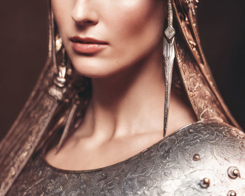 Intricately designed woman in ornate headdress and shoulder armor