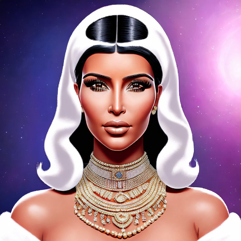 Woman with Cleopatra-inspired hairstyle and gold jewelry on starry purple backdrop