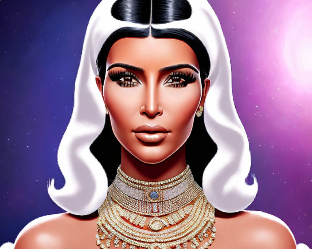 Woman with Cleopatra-inspired hairstyle and gold jewelry on starry purple backdrop