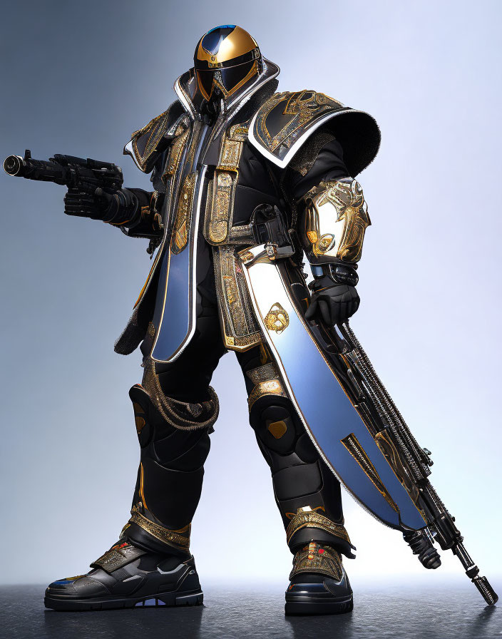 Futuristic character in gold-accented armor with sci-fi rifle and reflective helmet