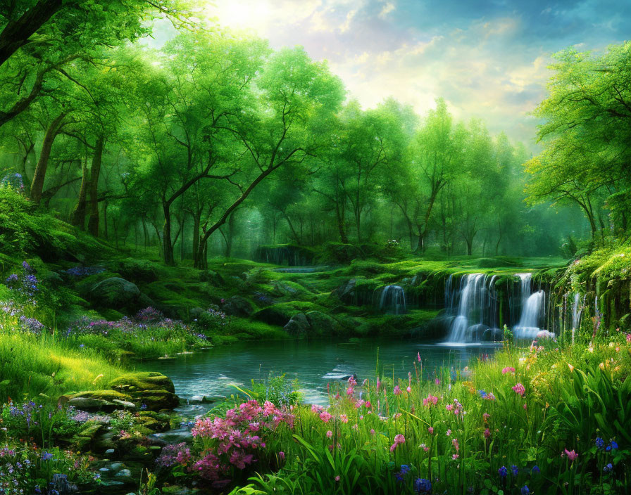 Serene waterfall and pond in sunlit forest clearing