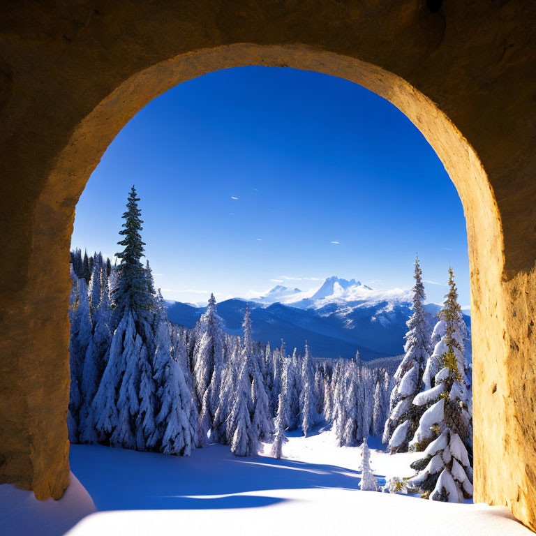 Winter scene: Snowy landscape framed by stone archway, blue skies, distant mountain.