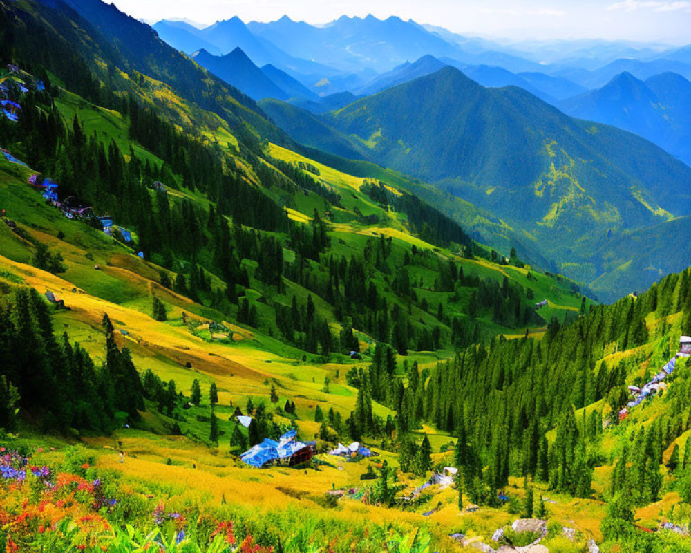 Scenic mountain landscape with green hills, wildflowers, and blue sky