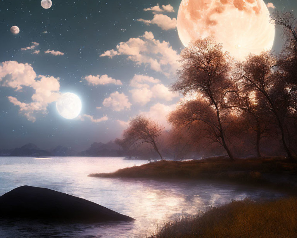 Surreal landscape with oversized moon, starry sky, and illuminated trees