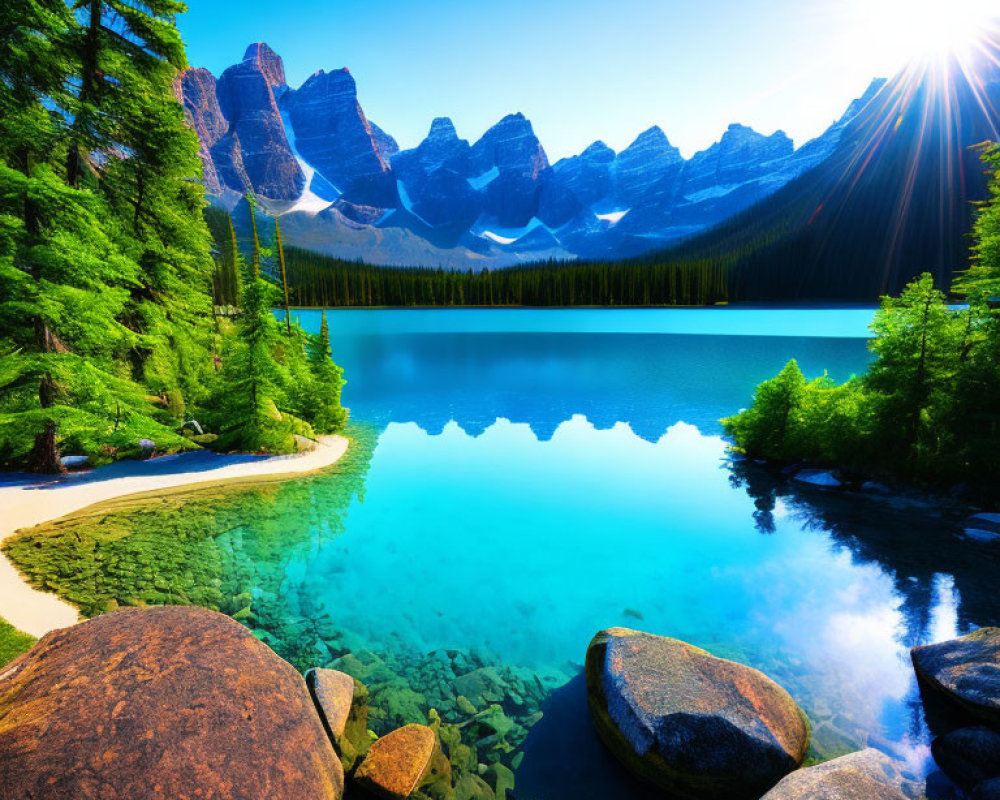 Serene lake reflecting jagged mountains, bright sun, forest, and rocks